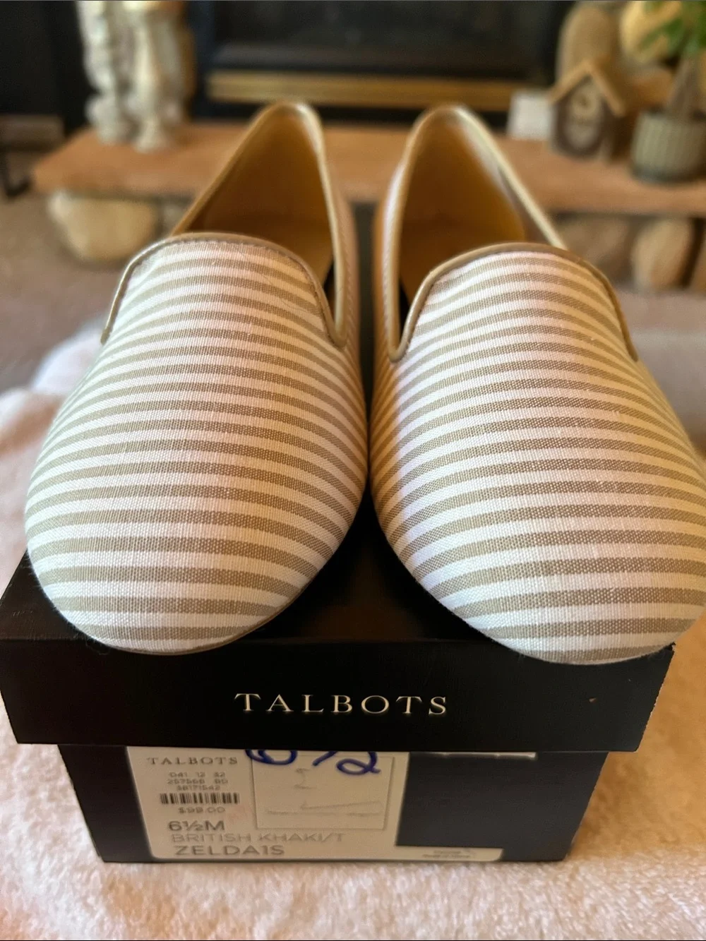 Talbots Zelda Beige and White Striped Slip-On Loafers, Size 6.5 | NWT | 257568